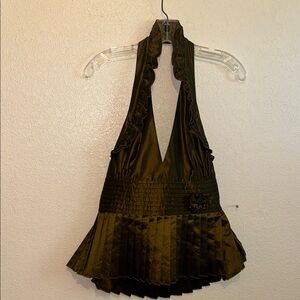 bebe Olive Green Halter Pleated Camisole with Ruffle Trim